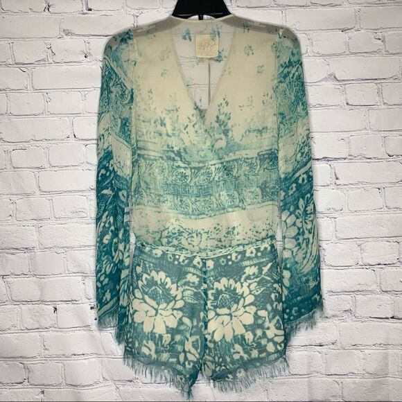 Chaser Boho Blue Silk Chiffon Floral Tapestry Bell Sleeve Fringe Romper - Picture 8 of 16